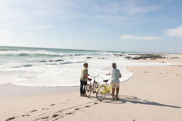 Obraz premium Full length rear view of multiracial senior couple with bikes on shore at beach during sunny day