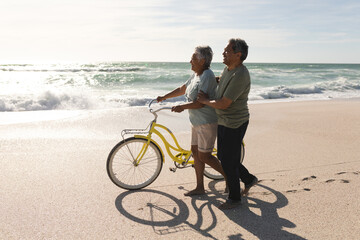 Side view of multiracial senior couple walking with bicycle on shore at beach during sunny day © wavebreak3