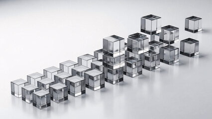 Abstract 3D graphic of crystal blocks ascending in a stair-step formation, symbolizing consistent business growth, upward market trends, and strategic progress towards future success and achievement