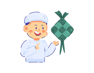 Illustration of a boy with a large ketupat. Food to celebrate Ramadan, Eid al-Fitr, Eid al-Adha. Wearing a koko shirt and kopia. Muslim character, funny, cute, and adorable. Flat outline crayon style  © Papcut design 