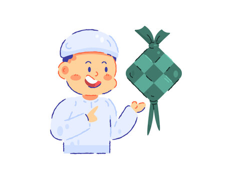Illustration of a boy with a large ketupat. Food to celebrate Ramadan, Eid al-Fitr, Eid al-Adha. Wearing a koko shirt and kopia. Muslim character, funny, cute, and adorable. Flat outline crayon style 