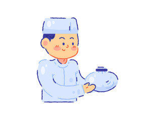 Illustration of a boy giving zakat. Giving aid, alms, donation. Carrying a package of rice or food. Wearing a koko shirt and kopia. Muslim character, funny, cute, and adorable. Flat outline crayon  © Papcut design 