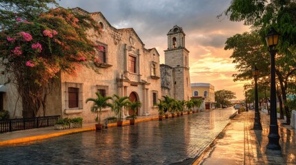 Colonial architecture at sunset