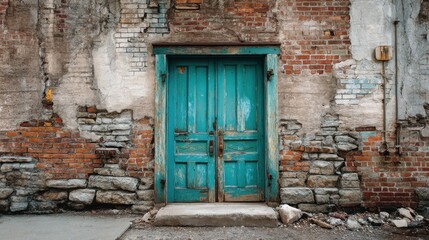 Weathered turquoise door on rustic brick wall with stone accents