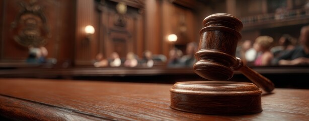 The Gavel Resting on a Polished Wooden Bench in a Traditional Courtroom