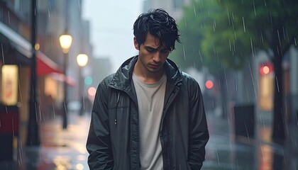 Man in raincoat walks down street in the rain, looking somber