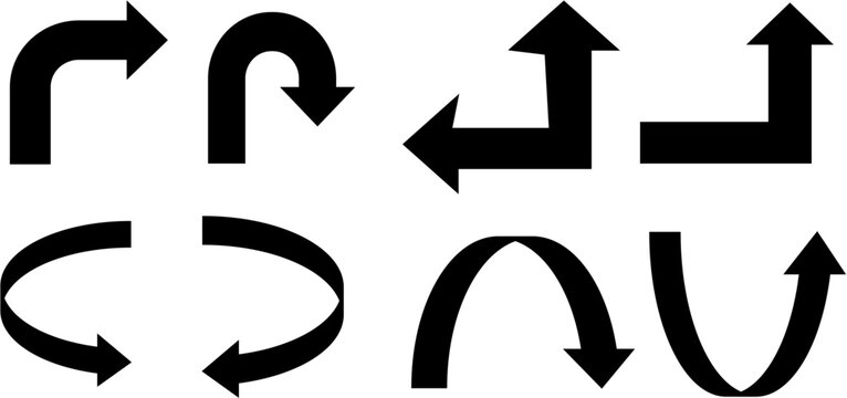 A collection of black curved and directional arrow icons in flat vector style. Minimal, clean, and bold arrow symbols suitable for UI design, navigation elements, infographics, diagrams,modern graphic