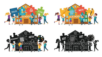 Children collaborating to build a school with puzzle pieces representing subjects