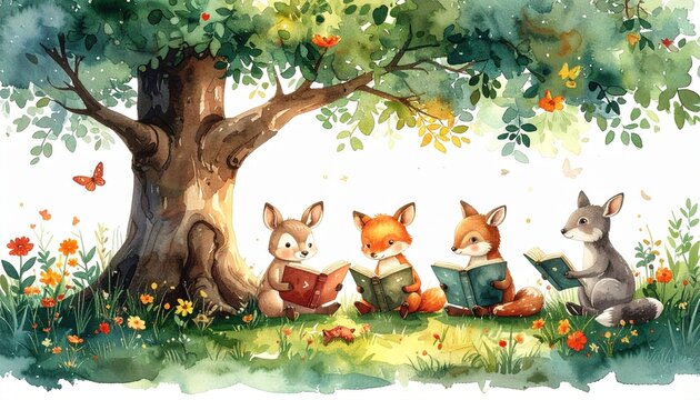 Watercolor illustration of animals reading books together under a tree