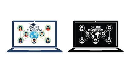 Two laptops displaying online classroom concepts with connected avatars and globes