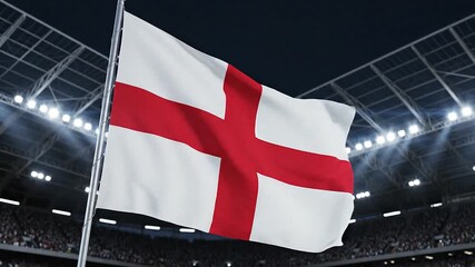 Flag of England Waving in Stadium. national flag flying high in a packed soccer stadium during a world cup match, symbolizing national pride and sportsmanship
