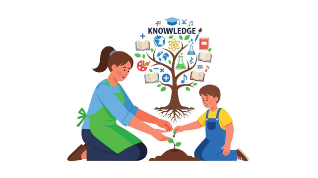 A mother and son planting a tree symbolizing growth and education - Powered by Adobe