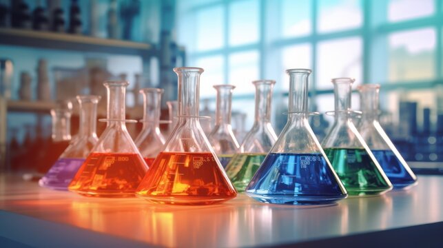 Colorful chemical solutions in Erlenmeyer flasks on a modern laboratory bench. - Powered by Adobe