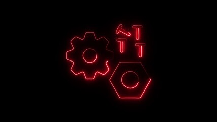 Red neon gear and tools on black background for industrial technology and engineering concepts