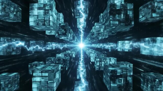 Digital cube tunnel with bright center, data network background