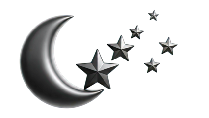 Black Crescent Moon and Stars on White Background
