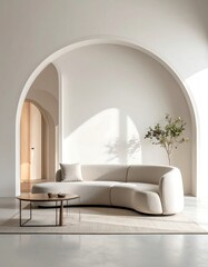 Modern, minimalist living space featuring an arched doorway and neutral tones