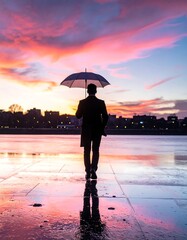 Man walking under an umbrella against a sunset