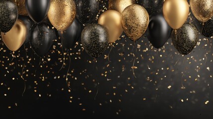 Black and gold balloons are arranged closely together at the top of the scene. Below golden confetti rains down on a dark background giving a festive feeling for a celebration.