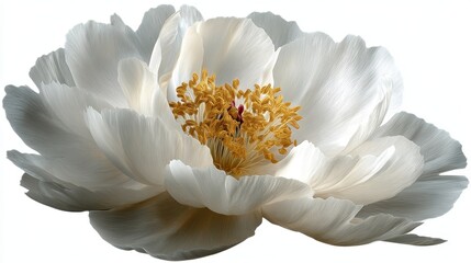 A white flower opens up with delicate petals and a bright yellow center. The scene is set in a garden during daylight highlighting the flower's details and colors.