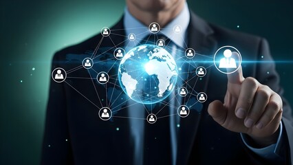Close-up of a suited man interacting with a glowing digital network interface featuring a world map and user icons against a dark background with blue accents.