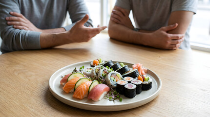 Friends sharing sushi platter at restaurant table © andreshuertas_