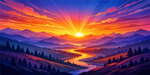 Fototapeten Violett A beautiful mountain landscape captures the vibrant orange and red colors of the sun glowing over the horizon during a scenic sunrise and sunset in the forest valley  © NUR 0.2