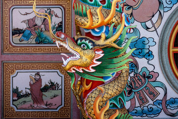 Fototapeta premium Image of displays an ornate dragon sculpture on pillar within a Chinese shrine. Image of displays an ornate dragon sculpture on pillar within a Chinese shrine. Dragon is facing to the left.
