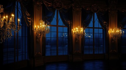 Palace ballroom, night, candlelight, windows, snow, event
