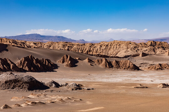 Bizarre rock formations and sand dunes in Moon Valley Atacama Desert Chile