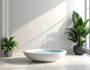 Modern room with a water fountain and two potted plants
