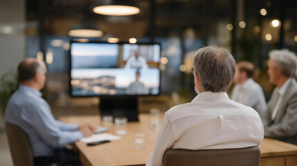 Hybrid council meeting with some members attending remotely on screens, illustrating digital governance and modern public administration. cinematic color correction, natural uneven lighting yet