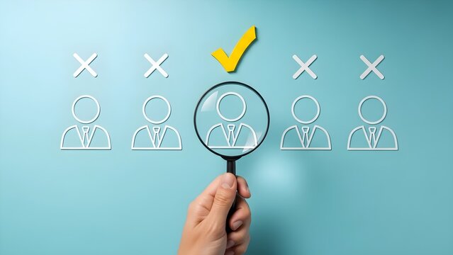 Hand holding magnifying glass focusing on one person icon with checkmark among other rejected icons on teal background.