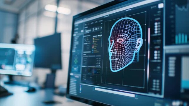 A close-up view of a computer screen displaying a 3D facial recognition model and digital analysis tools.
