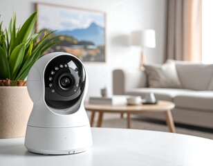 Modern security camera on white table in a bright, cozy living room