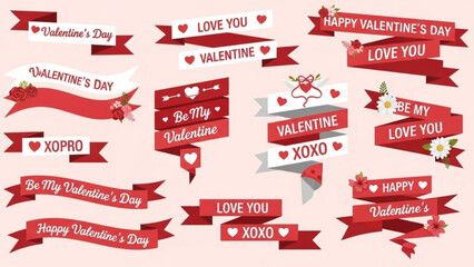 Collection of romantic valentine's day banners and ribbons with love messages on beige