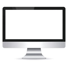 Modern, silver-colored desktop computer with a blank, white screen
