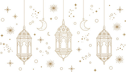 Three elegant gold line art ramadan lanterns hanging with decorative stars and crescent moons for islamic holiday celebration greeting card and banner design © MdGohurul