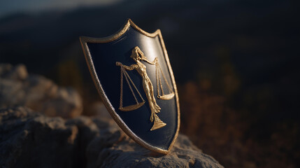 A riot shield silhouette double-exposed with scales of justice and calm human figures, symbolizing balance between law enforcement authority and civil rights. cinematic color correction, natural