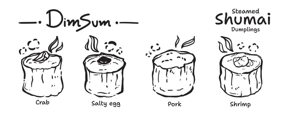 Food Menu Icon Set, Hand Drawn, Vector Illustration (Siu Mai, Shumai, Steamed Dumpling, Dim Sum, Pork Dumpling)