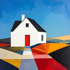 Modern abstract painting of a white house with a red door