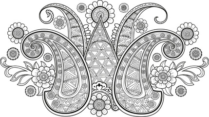 Ornate letter M in paisley and floral mandala style, black and white decorative illustration for coloring and design themes © Anowar