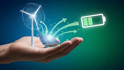Hand Holding Renewable Energy Sources and Battery Icon panel solar