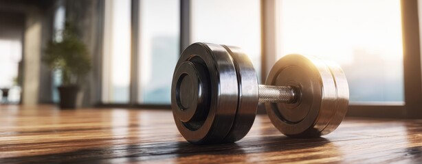 The Dumbbell Resting on Hardwood Floor in Sunlit Modern Gym Interior