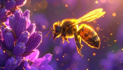 Honeybee in flight near purple flowers, illuminated by golden light