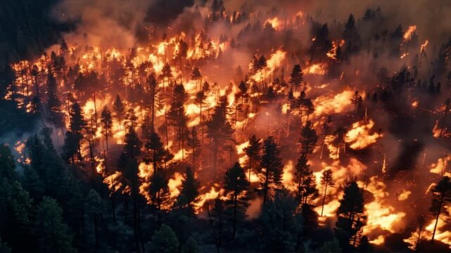 Wildfire consumes forest, showcasing the devastating effects of climate change and environmental neglect.