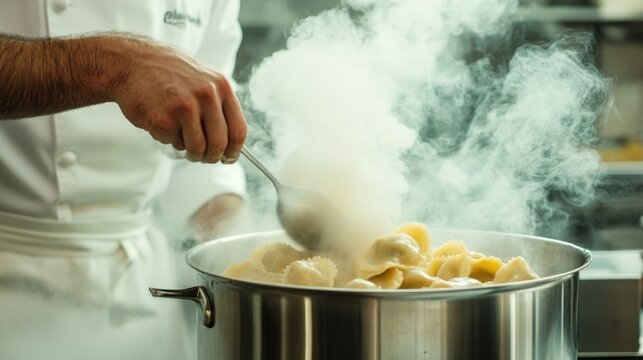 Chef cooking steaming ravioli in kitchen pot