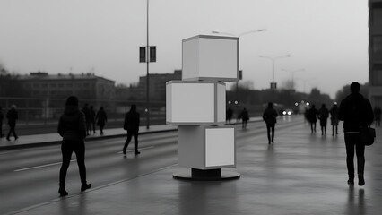 Obraz premium Pedestrians walking around a large white geometric sculpture in a city square on a rainy day from a distance