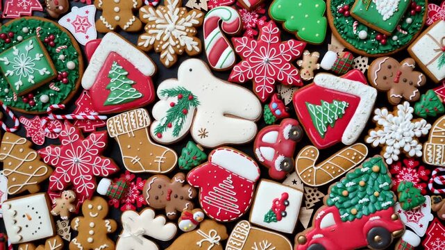 Christmas gingerbread cookies, sweet winter ginger cookies with ornaments for the holiday table. Christmas gingerbread cookies as a food background for your design