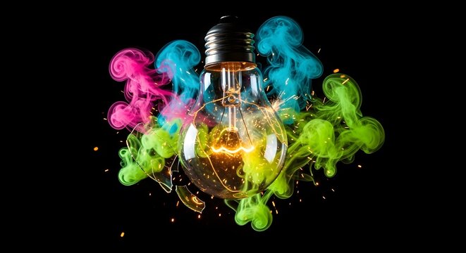 Light bulb exploding with colorful ink smoke and sparks in dark environment - Powered by Adobe